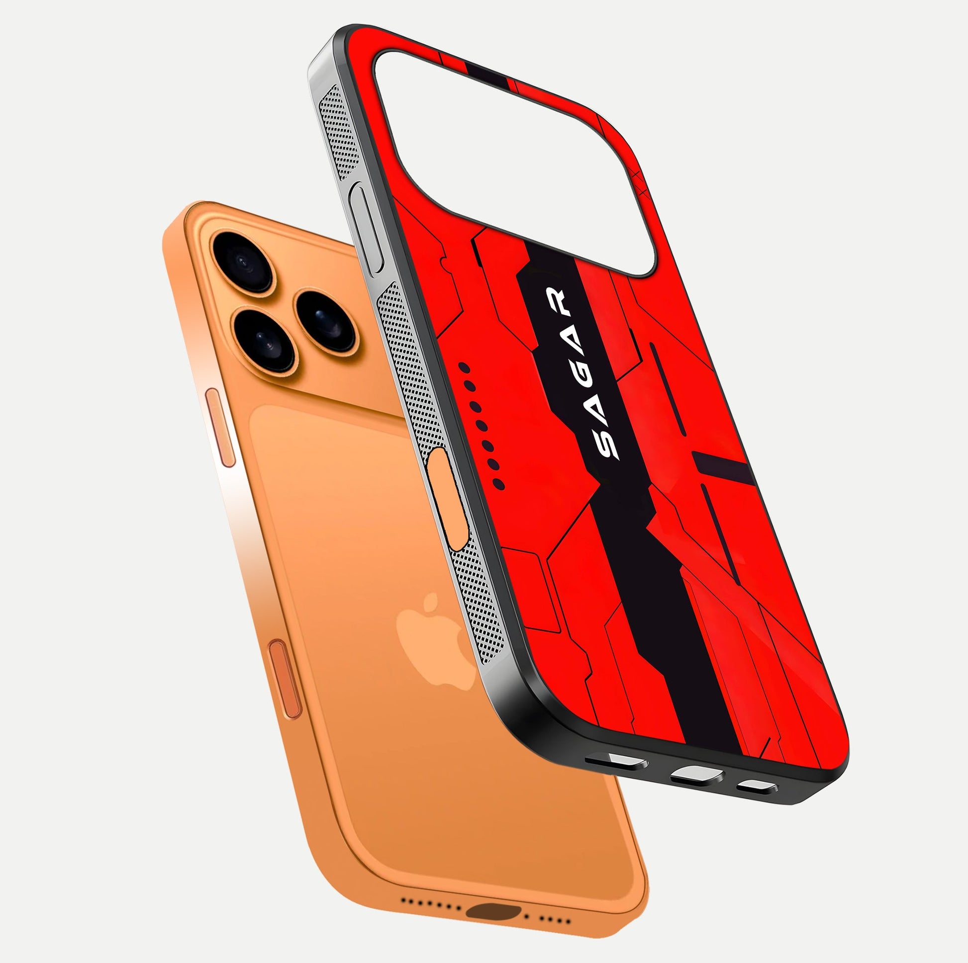 Voltage Rise CYBERPUNK Custom Name Glass Case for iPhone 17 Pro Max floating dual-view mockup displaying gloss shine and lighting
