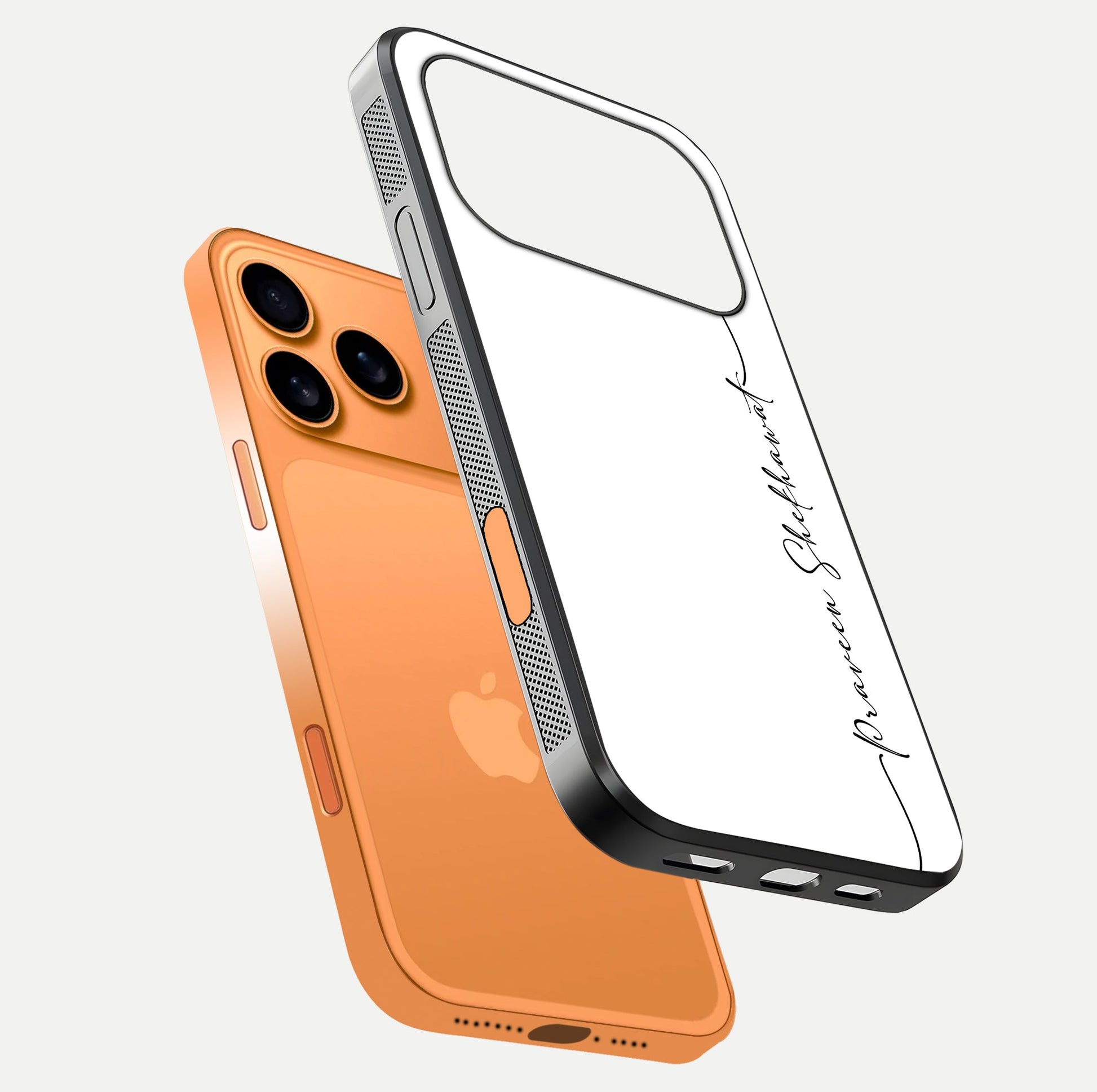 White Tune Custom Name Glass Case for iPhone 17 Pro Max floating dual-view mockup displaying gloss and HD detail