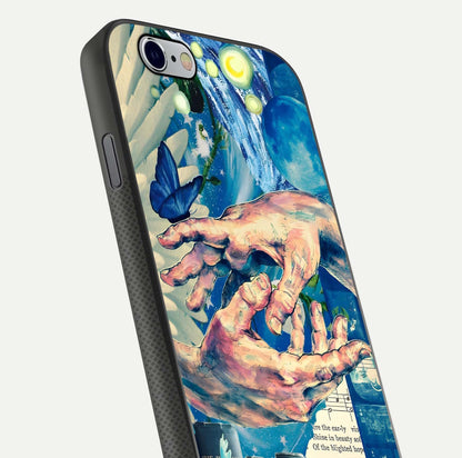 Aesthetic Divider Glass Case for iPhone 16 Pro close-up angled shot showing detailed divider artwork and gloss reflection