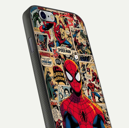 Aesthetic Spider Man Glass Case for iPhone 16 Pro close-up angled shot showing detailed Spider-Man artwork and gloss reflection