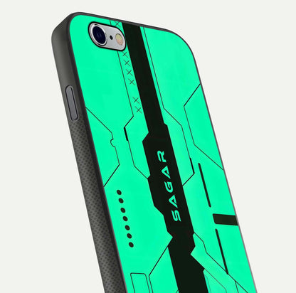 Aqua Tech CYBERPUNK Custom Name Glass Case for iPhone 16 Pro close-up angle showing futuristic blue lights and reflections