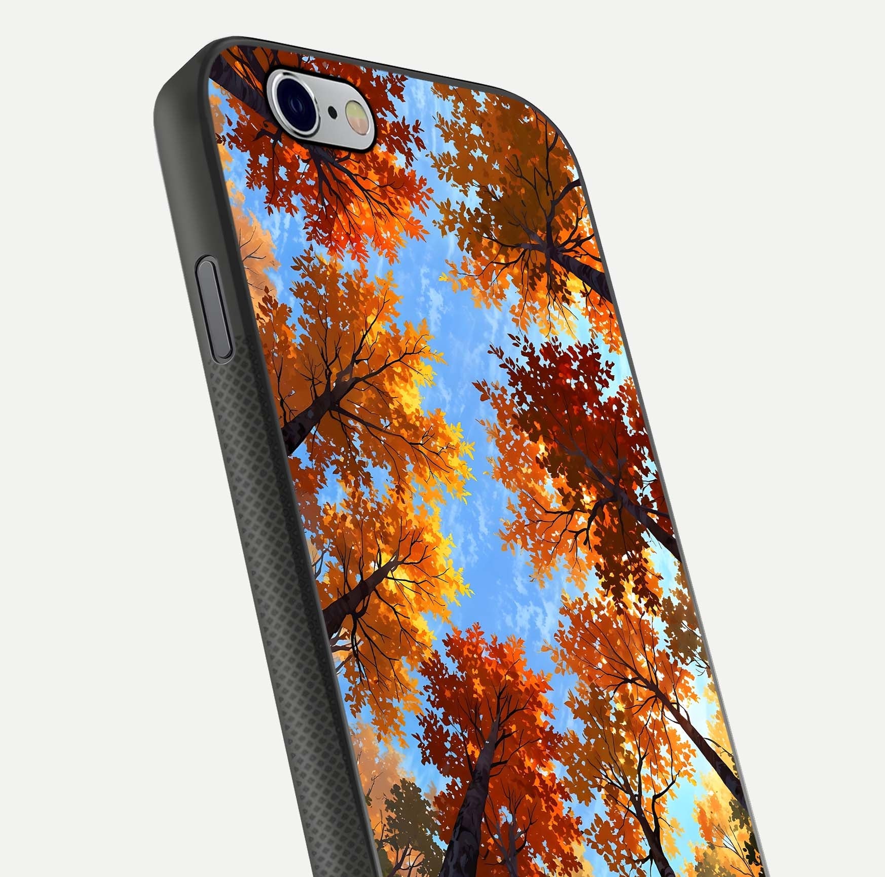 Autumn Sky Rise Glass Case for iPhone 16 Pro close-up shot of autumn tone details and HD shine reflection