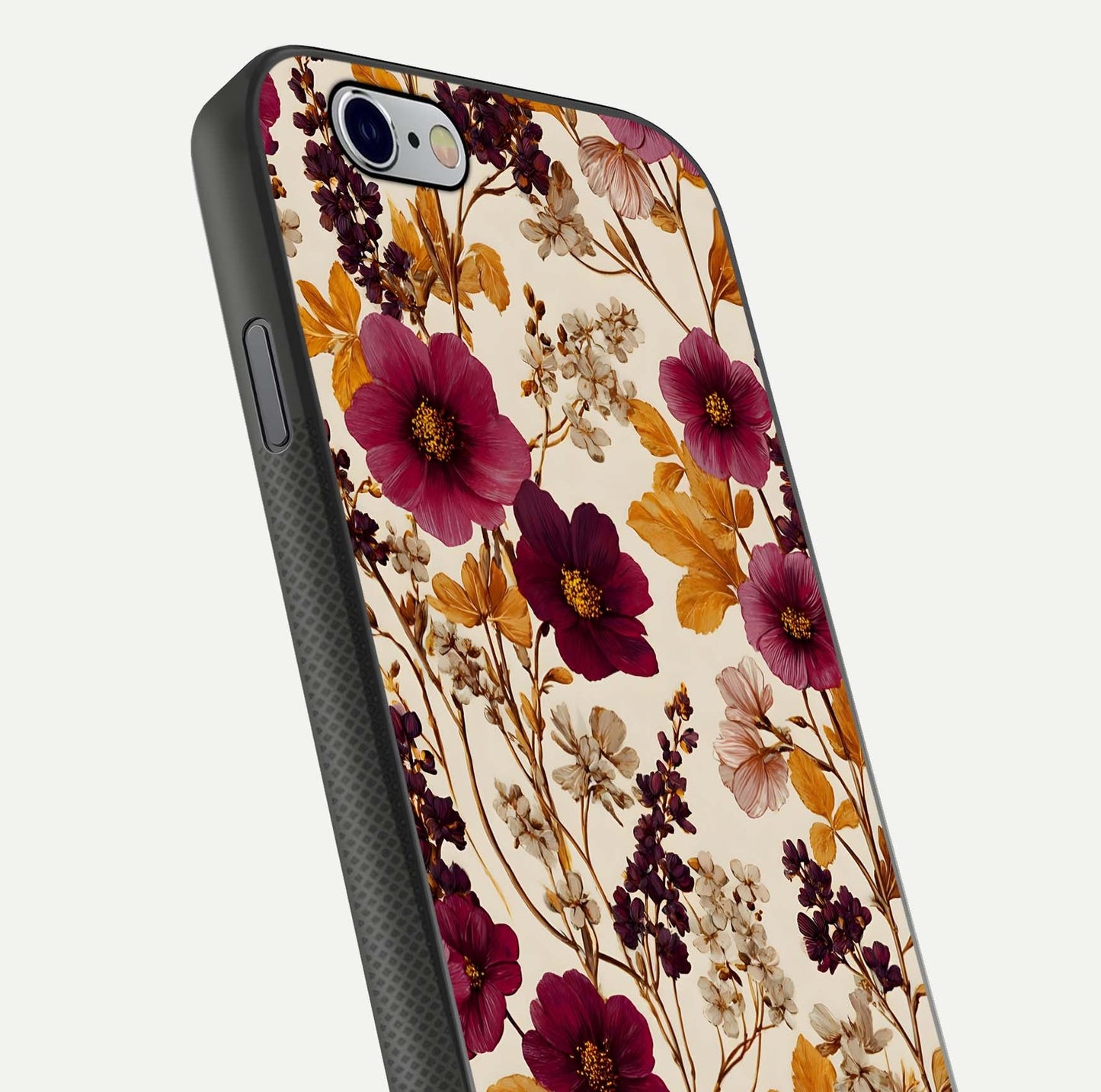 Autumn Wine Bloom Glass Case for iPhone 16 Pro close-up highlighting petal detail and gloss reflection