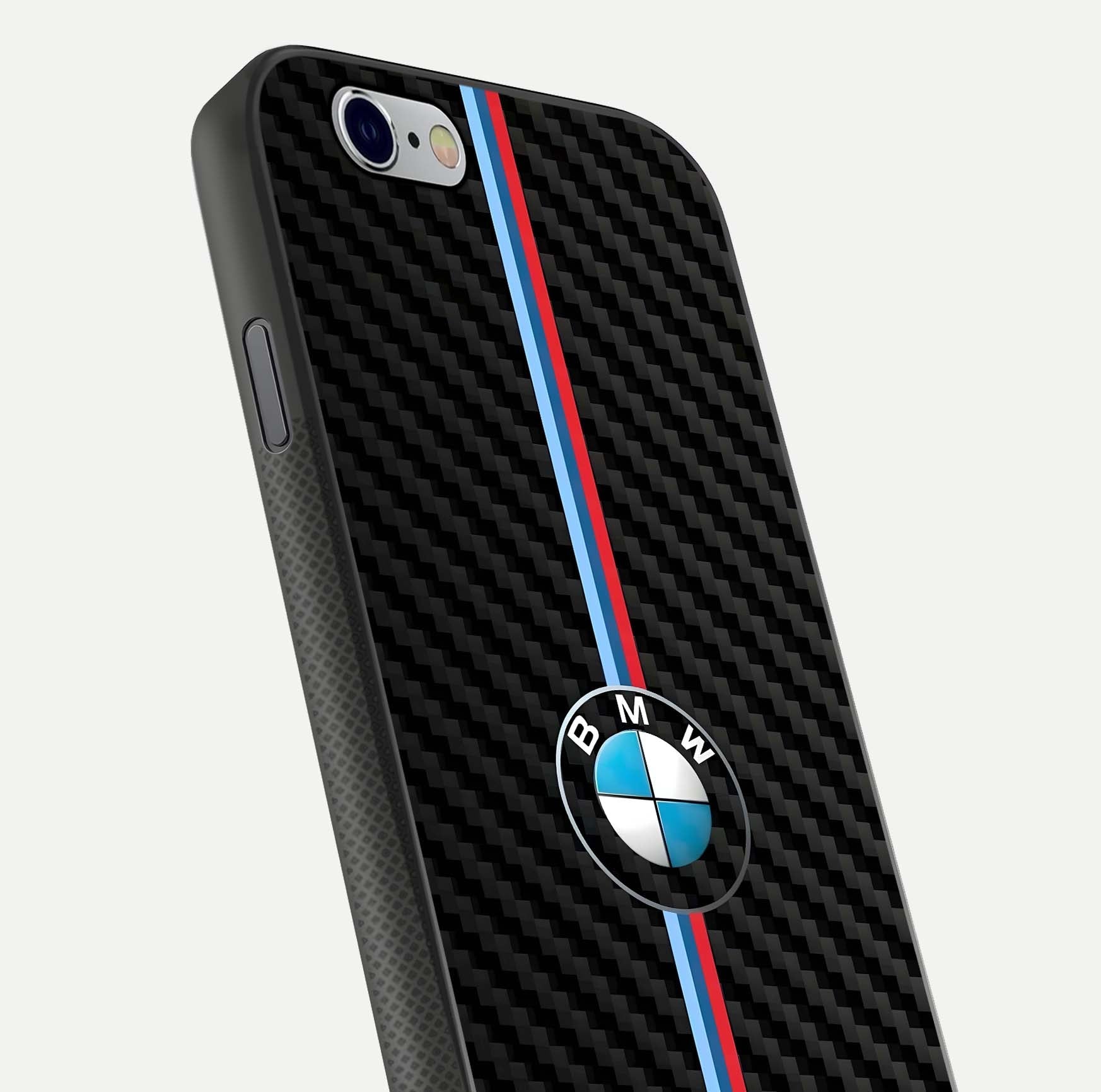 BMW Pattern Glass Case for iPhone 16 Pro close-up angle showing BMW logo detailing and high-reflect gloss texture