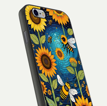 Bees & Sunflowers Glass Case for iPhone 16 Pro close-up angled shot showing detailed petals, bee prints, and glass reflection