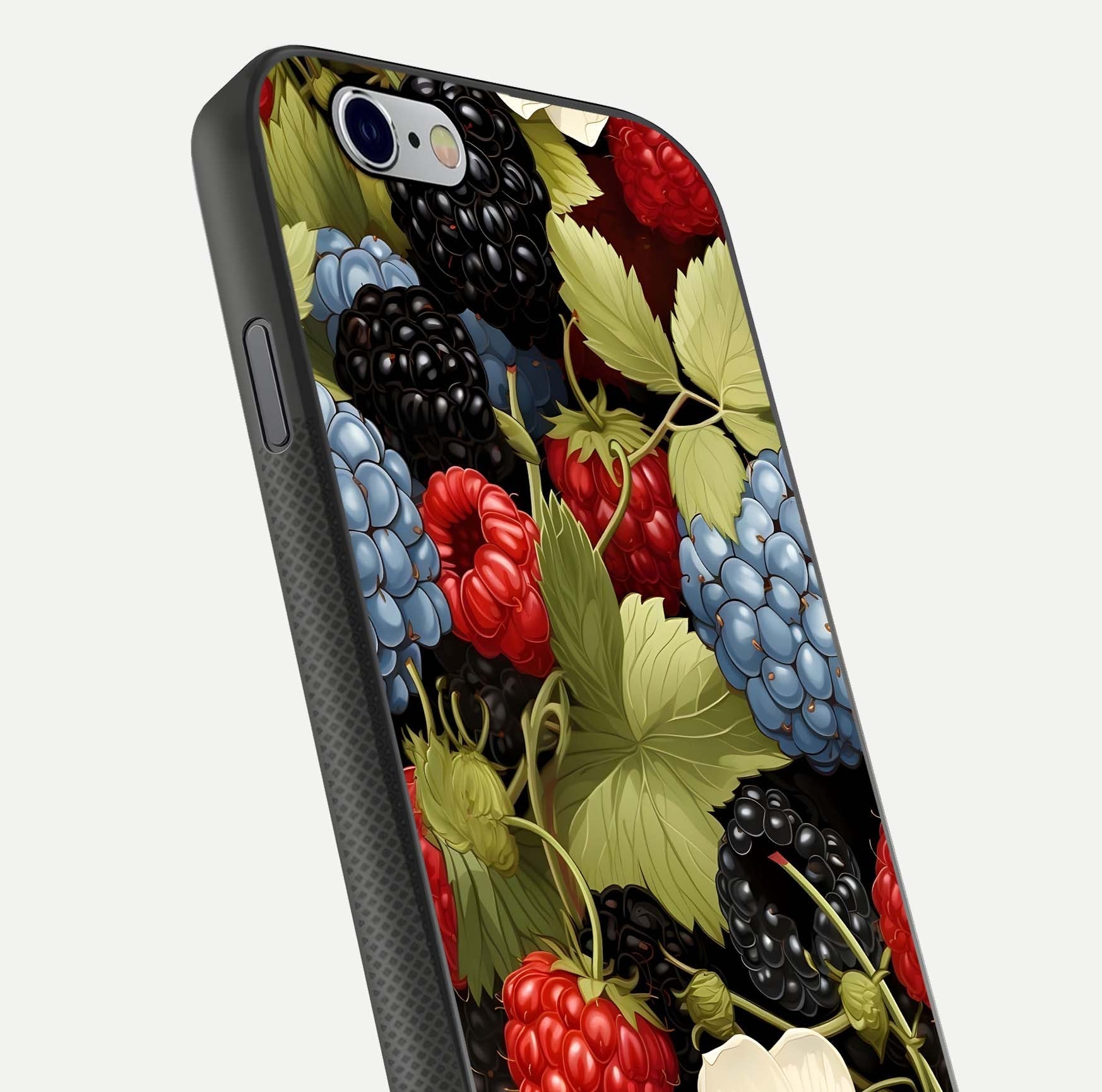Berry Bloom Charm Glass Case for iPhone 16 Pro close-up view highlighting berry color tones and fine petal detailing