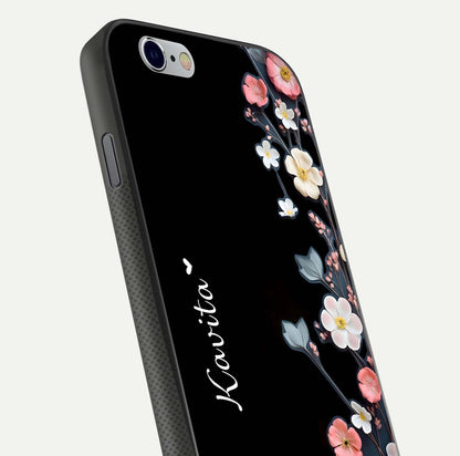 Black Elegance Floral Custom Name Glass Case for iPhone 16 Pro close-up shot showing rose detailing and elegant reflection