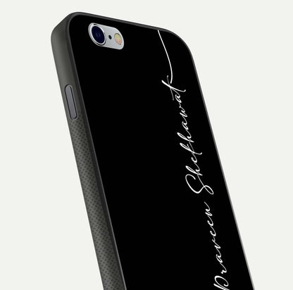 Black Tune Custom Name Glass Case for iPhone 16 Pro close-up shot highlighting sleek monochrome design and reflection