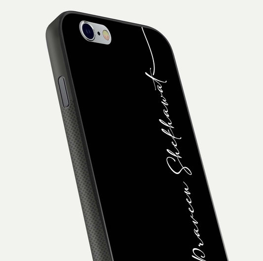 Black Tune Custom Name Glass Case for iPhone 16 Pro close-up shot highlighting sleek monochrome design and reflection