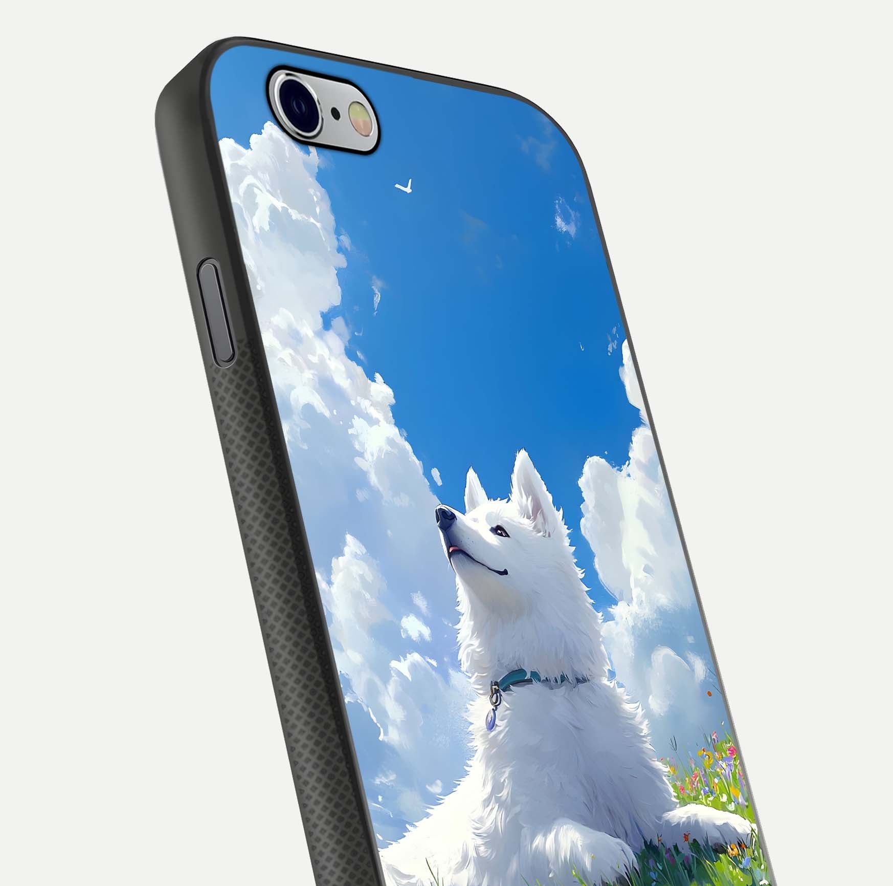 Blissful Cloud Pup Glass Case for iPhone 16 Pro close-up image highlighting puppy details and glossy reflection