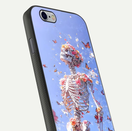 Bloom Beyond Bones Glass Case for iPhone 16 Pro close-up highlighting unique bone-floral fusion art and reflection