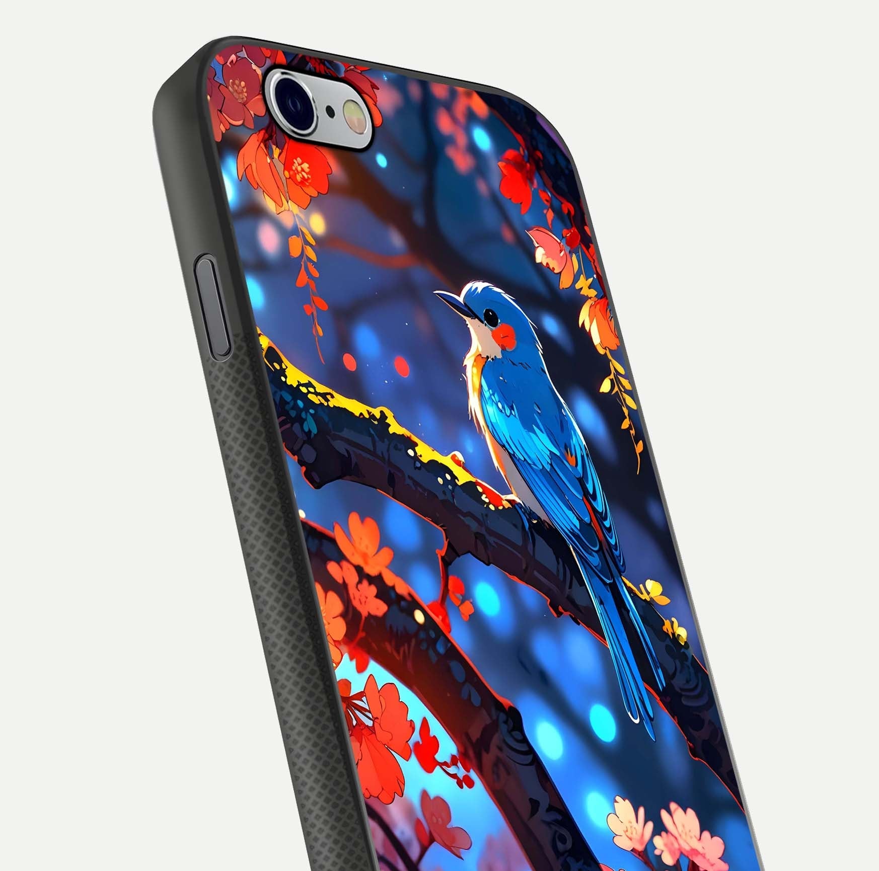Blooming Spendor Bird Glass Case for iPhone 16 Pro close-up shot highlighting bird design details and glossy shine