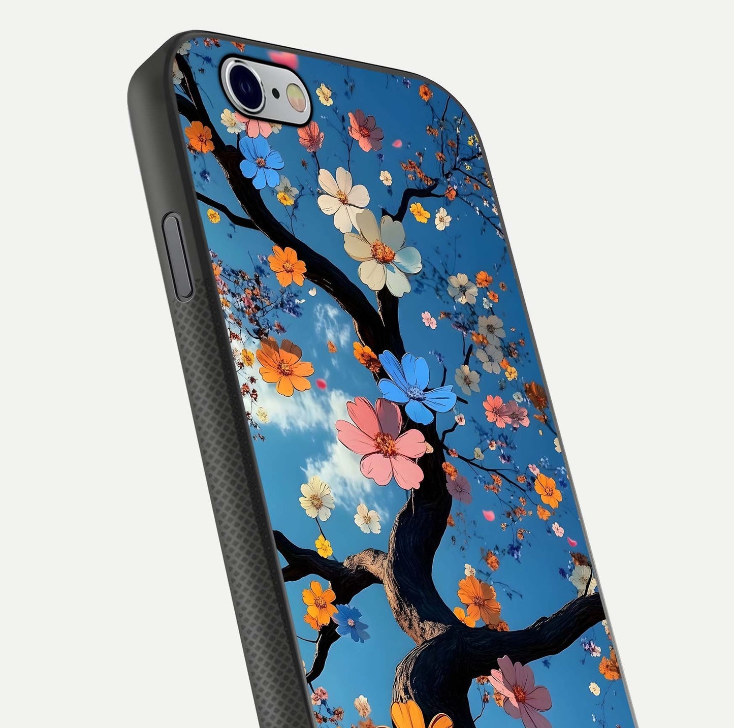 Blossom Dream Sky Glass Case for iPhone 16 Pro close-up shot highlighting dreamlike clouds and pink blossoms