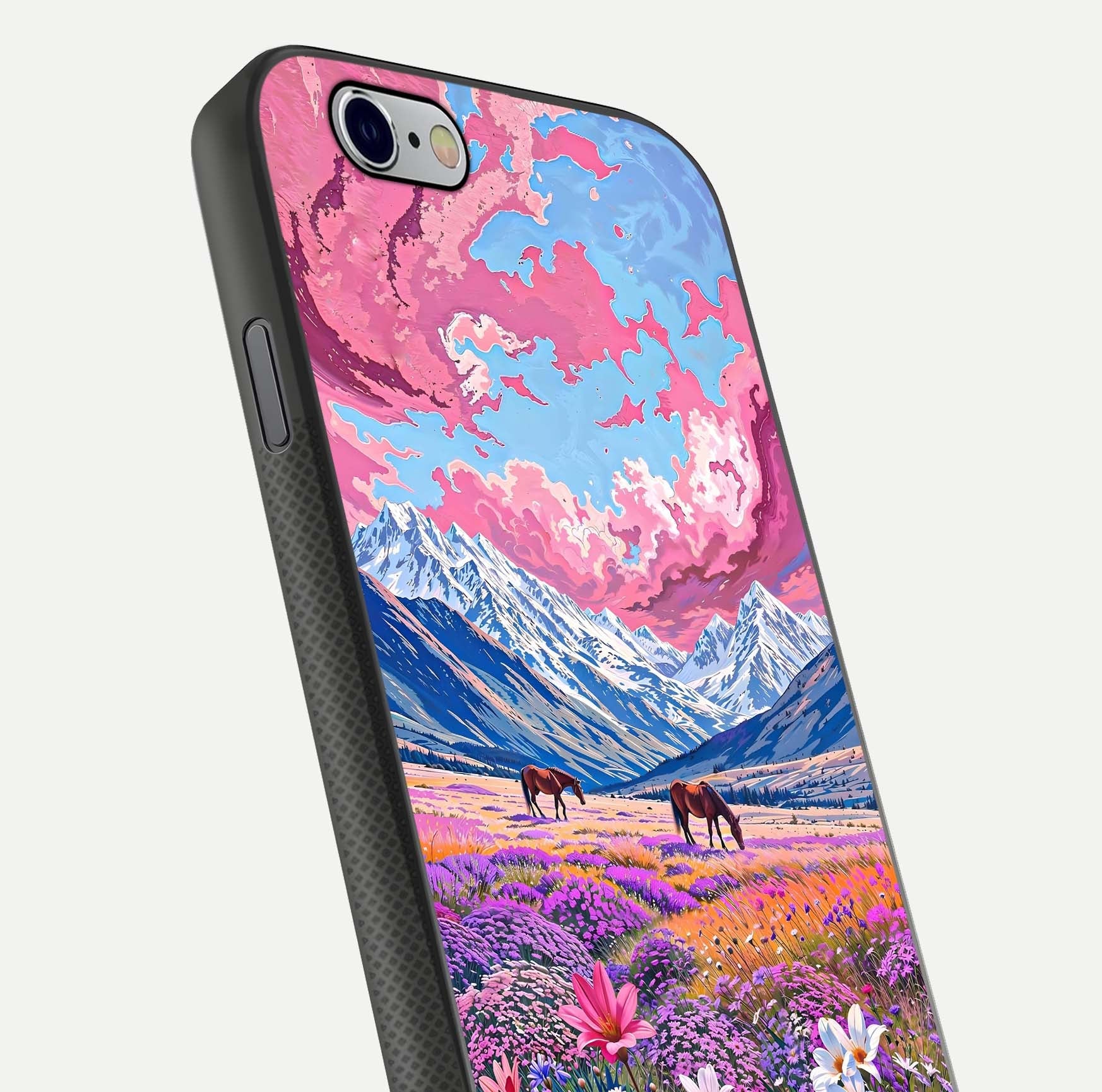 Blossom Valley Dream Glass Case for iPhone 16 Pro close-up view showing detailed flower print and pastel hues