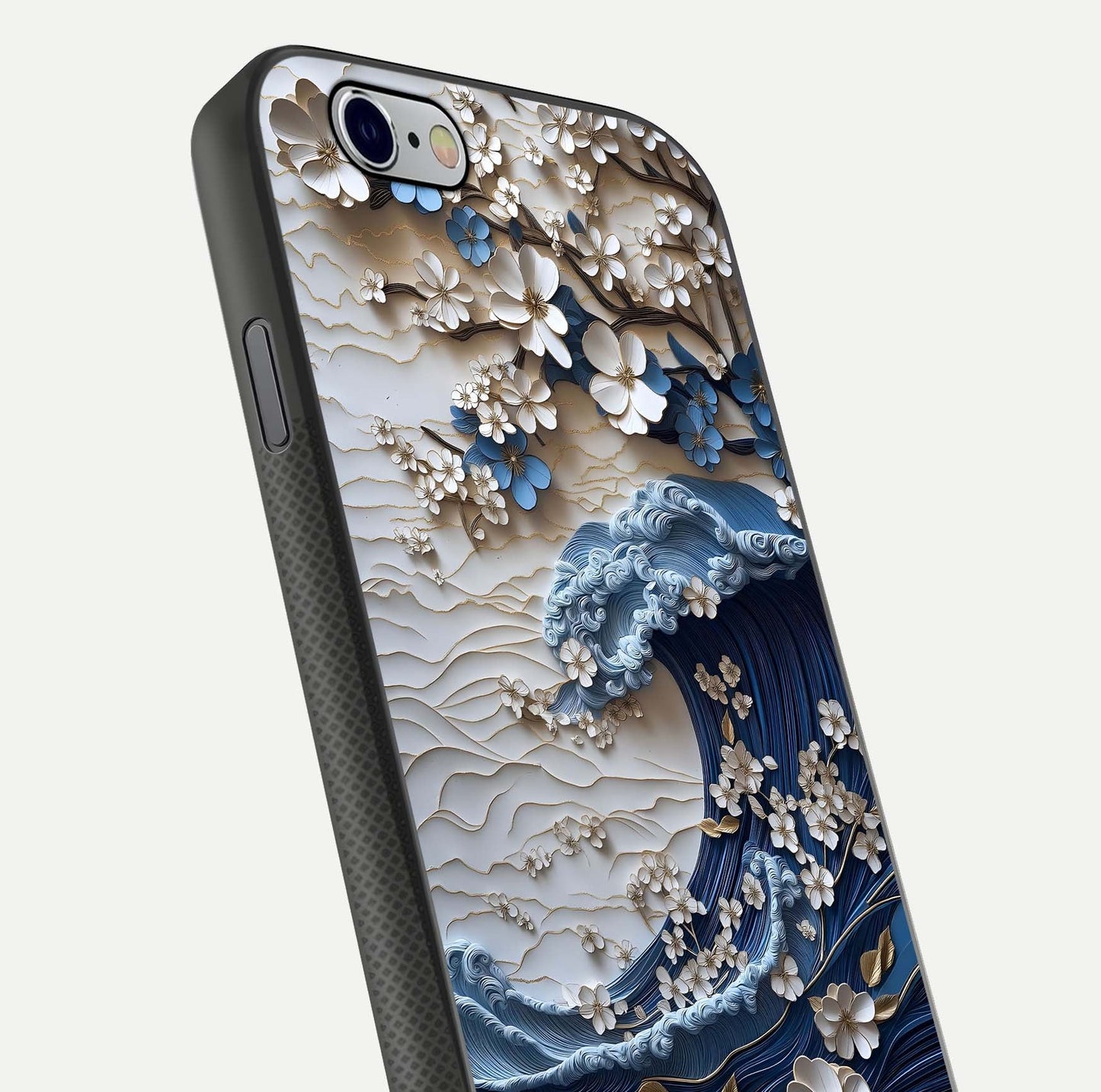Blossom Wave Art Glass Case for iPhone 16 Pro close-up shot highlighting wave motion in floral art and reflection