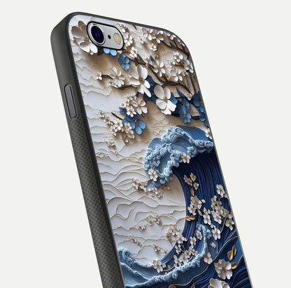 Blossom Wave Art Glass Case for iPhone 16 Pro close-up shot highlighting wave motion in floral art and reflection