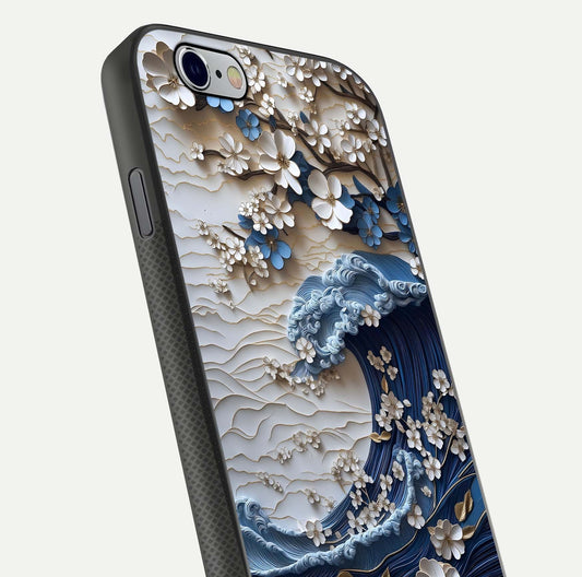 Blossom Wave Art Glass Case for iPhone 16 Pro close-up shot highlighting wave motion in floral art and reflection