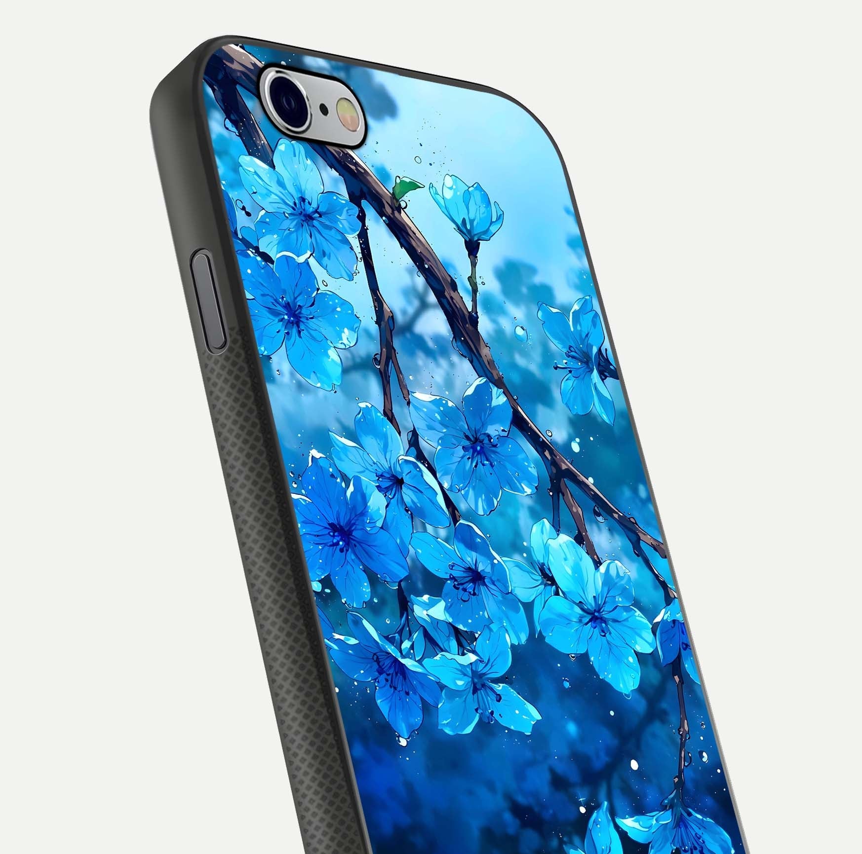 Blue Blossoms Branch Glass Case for iPhone 16 Pro close-up angle highlighting petal details and reflection gloss