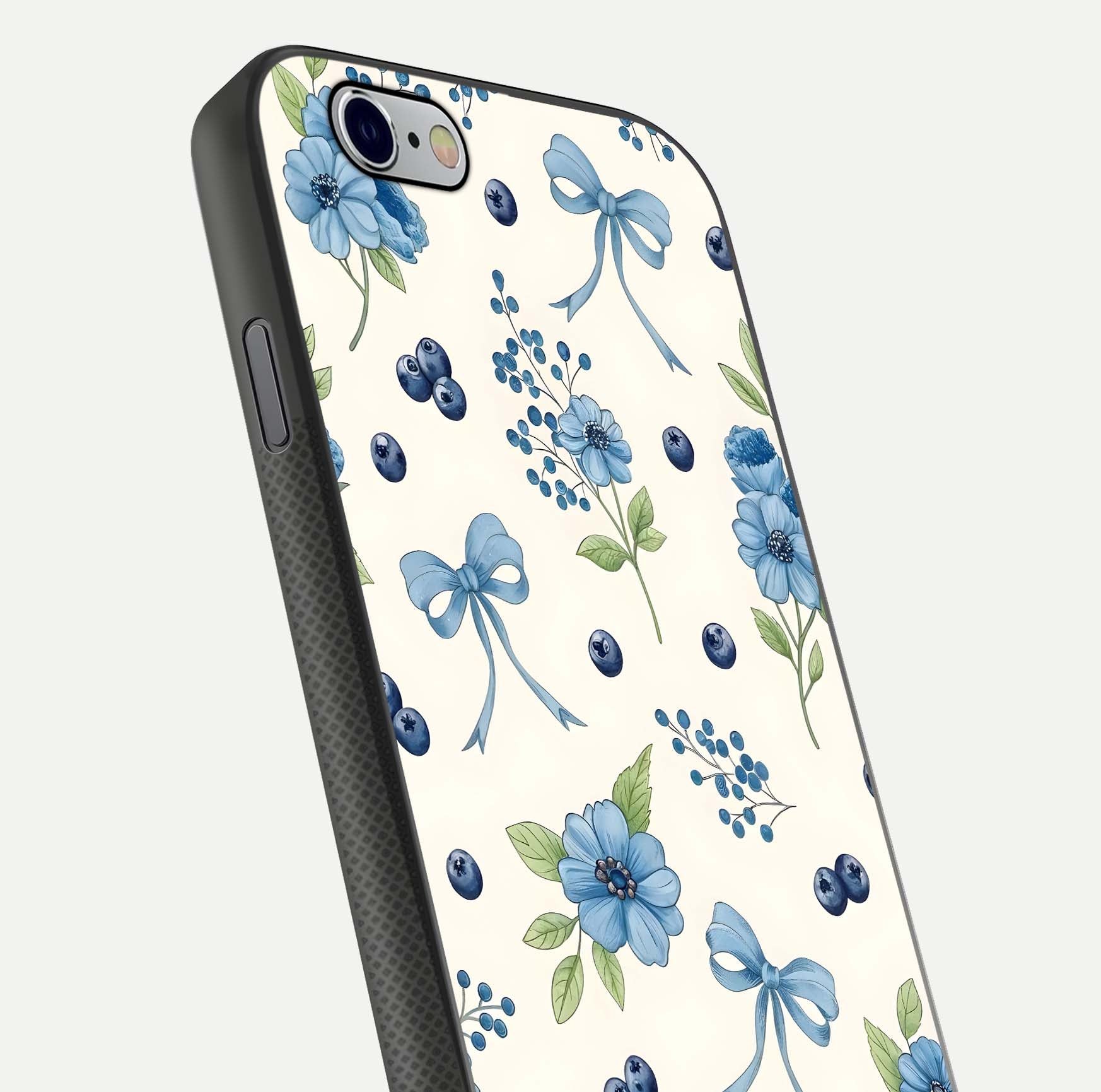 Blue Flower & Bow Glass Case for iPhone 16 Pro close-up shot highlighting ribbon detail and flower gloss finish