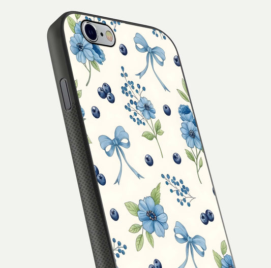 Blue Flower & Bow Glass Case for iPhone 16 Pro close-up shot highlighting ribbon detail and flower gloss finish