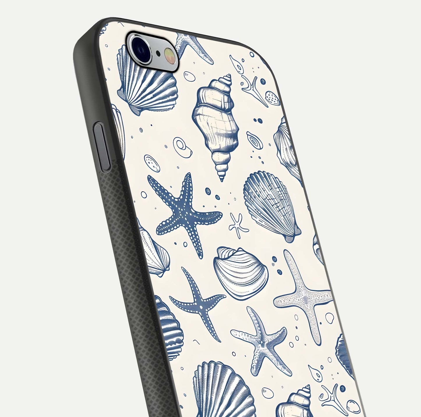 Blue Ocean Outline Glass Case for iPhone 16 Pro close-up shot highlighting line art details and reflection texture