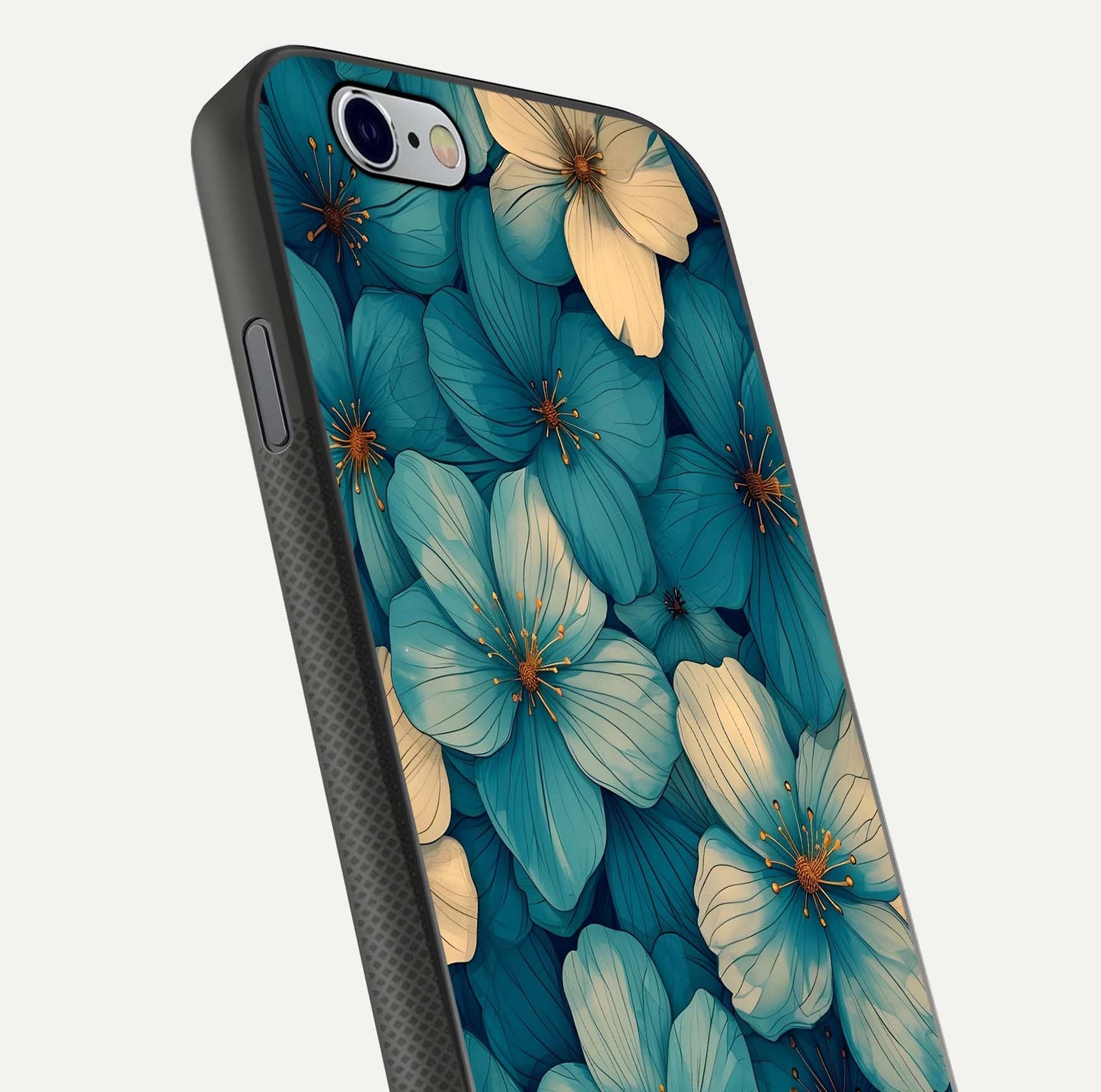 Blue Shade Floral Glass Case for iPhone 16 Pro close-up angle showing flower print precision and reflection