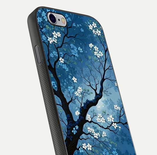 Blue Tree Serenity Glass Case for iPhone 16 Pro close-up view highlighting tree branches and reflection gloss