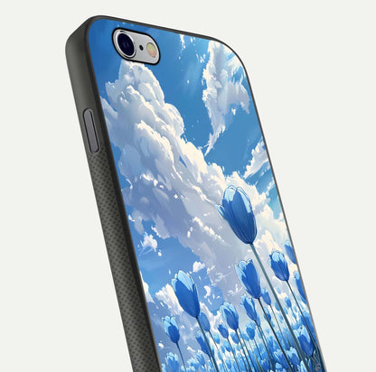 Blue Tulip Clouds Glass Case for iPhone 16 Pro close-up image highlighting tulip petals, clouds, and reflection texture