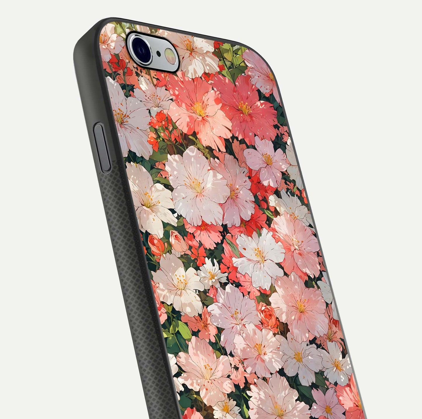 Blush Bloom Field Glass Case for iPhone 16 Pro close-up shot capturing pastel flower field tones and gloss shine