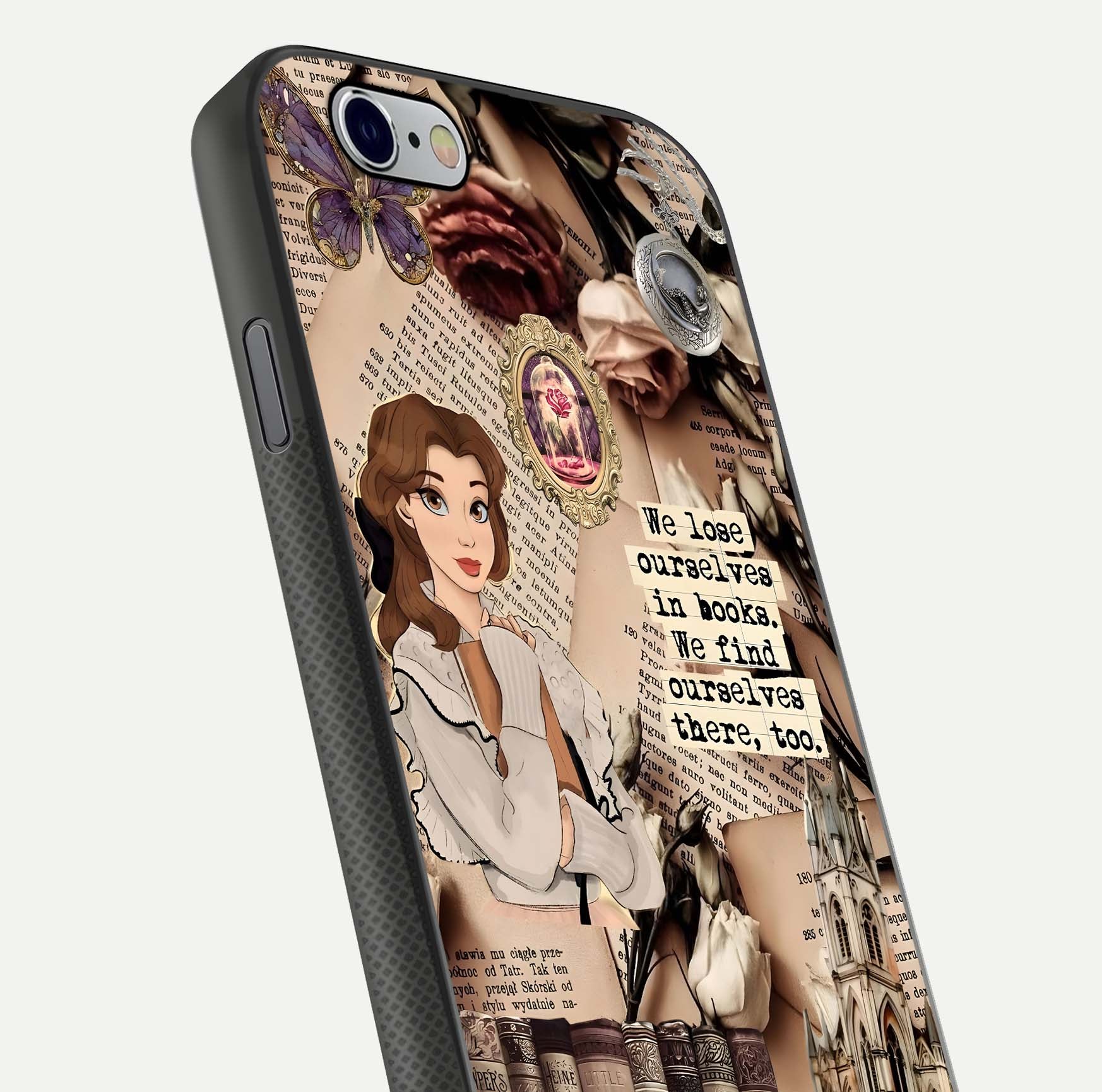 Bookish Dream World Glass Case for iPhone 16 Pro close-up shot highlighting book elements and reflection gloss