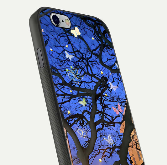 Butterfly Night Magic Glass Case for iPhone 16 Pro close-up highlighting wings reflection and gloss shimmer