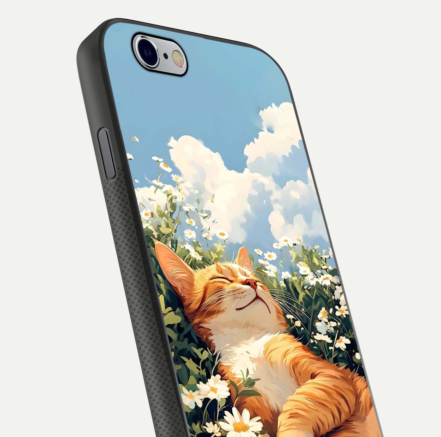 Cat & Flowers View Glass Case for iPhone 16 Pro close-up view highlighting cat expression and petal detail