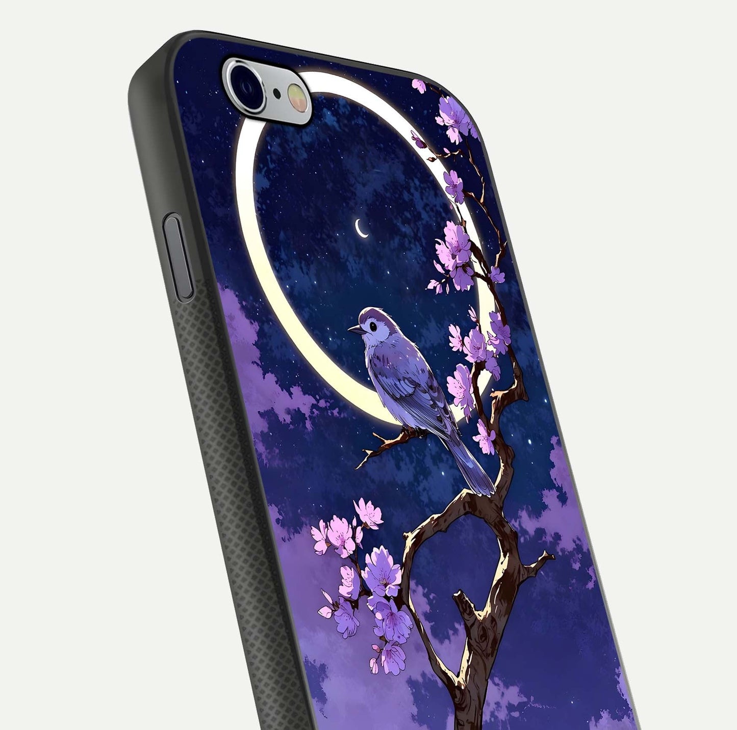 Celestial Bird Blossom Glass Case for iPhone 16 Pro close-up capturing bird detail, petal reflection, and gloss shine