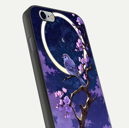 Celestial Bird Blossom Glass Case for iPhone 16 Pro close-up capturing bird detail, petal reflection, and gloss shine