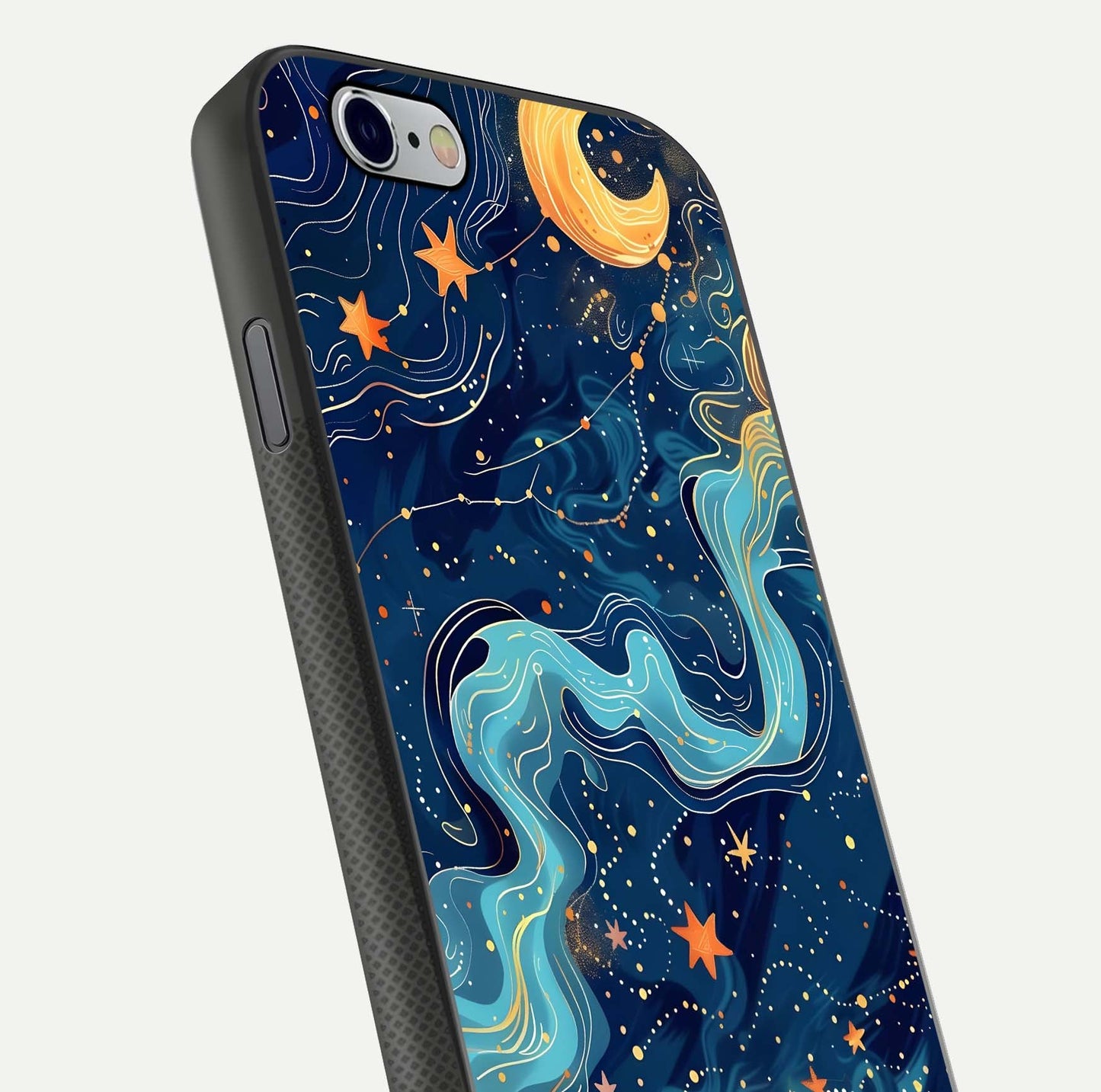 Celestial Dream Flow Glass Case for iPhone 16 Pro close-up highlighting star reflections and smooth glow gradient