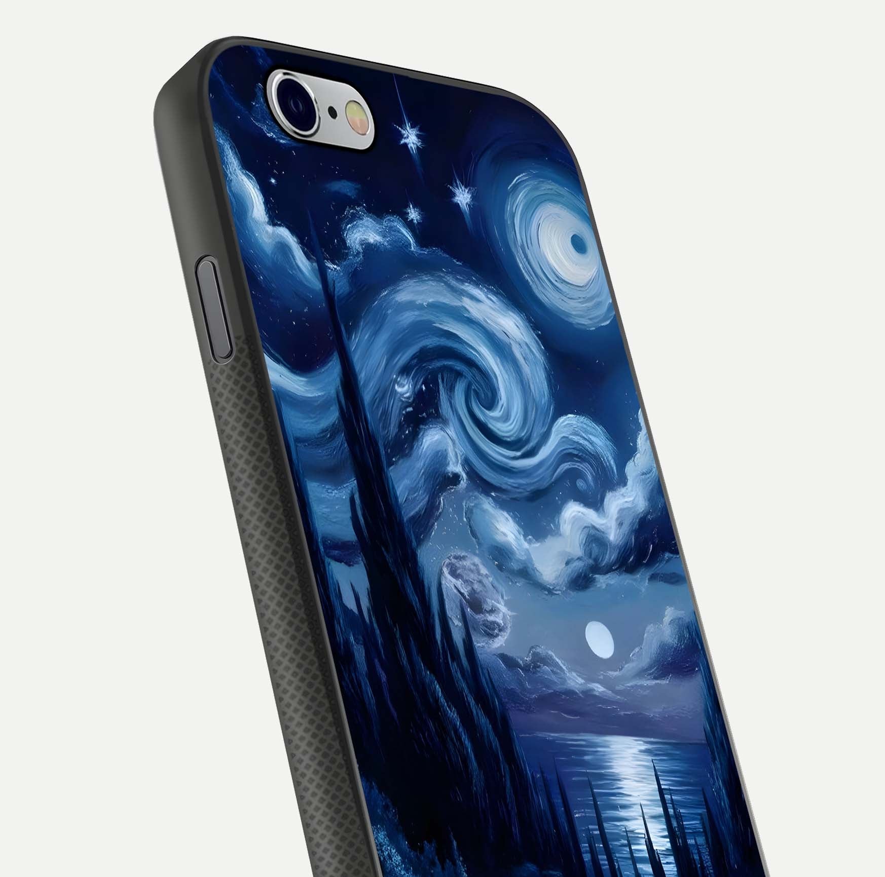 Celestial Dream Van Gogh Glass Case for iPhone 16 Pro close-up view capturing vivid brush details and star reflection