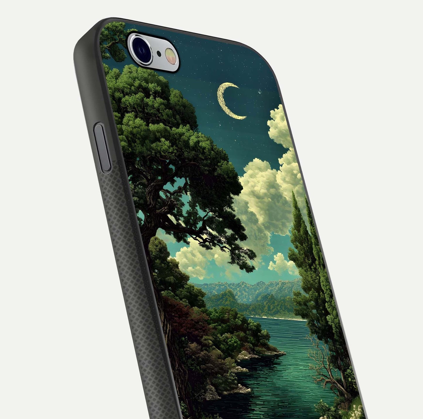 Celestial Lake Peace Glass Case for iPhone 16 Pro close-up highlighting moon reflection and glossy texture