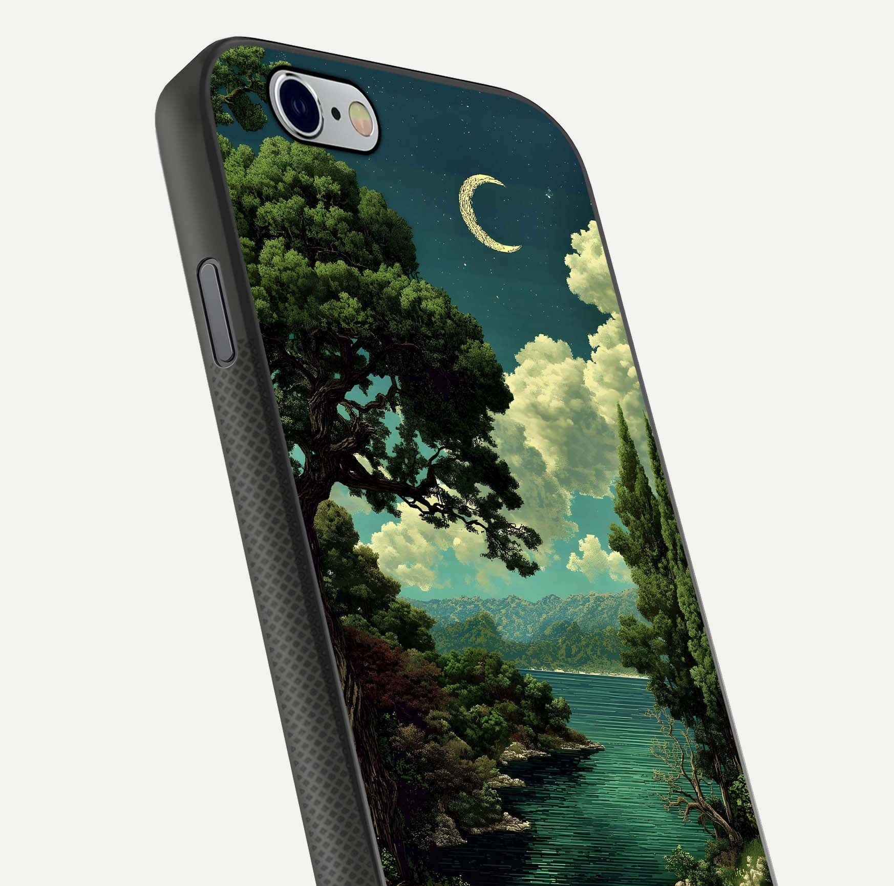 Celestial Lake Peace Glass Case for iPhone 16 Pro close-up highlighting moon reflection and glossy texture
