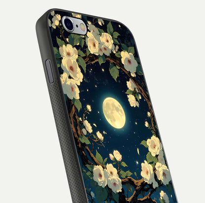Celestial Moon & Flower Glass Case for iPhone 16 Pro close-up capturing petal reflection and moonlight contrast