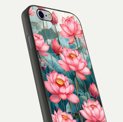 Celestial Pink Lotus Glass Case for iPhone 16 Pro close-up highlighting petal detail and HD glass reflection