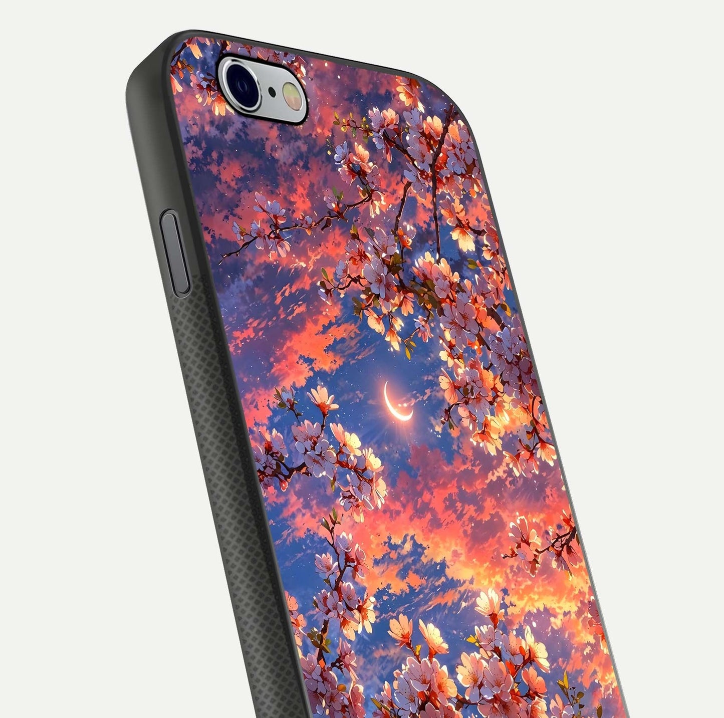 Celestial Sakura Sunset Glass Case for iPhone 16 Pro close-up image highlighting blossom petals and gloss shine