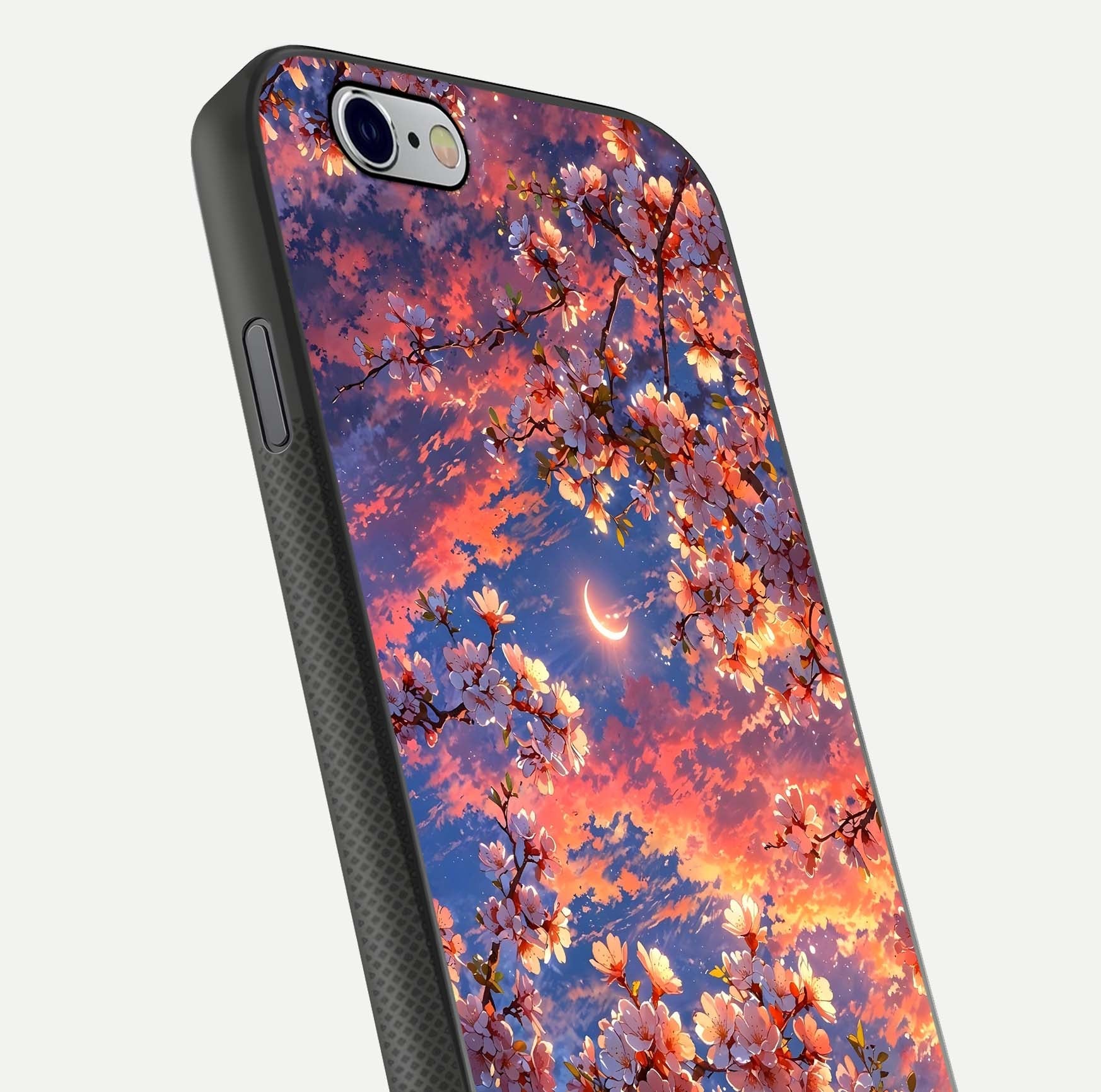 Celestial Sakura Sunset Glass Case for iPhone 16 Pro close-up image highlighting blossom petals and gloss shine
