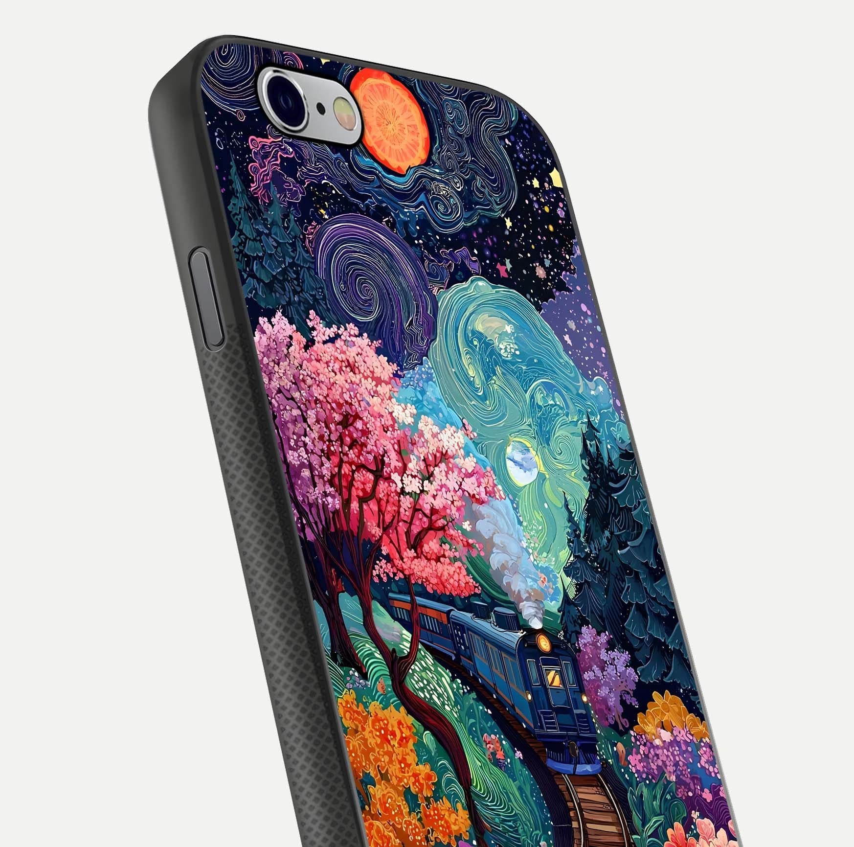 Celestial Train Journey Glass Case for iPhone 16 Pro close-up highlighting train lights, cosmic tones, and reflection detail