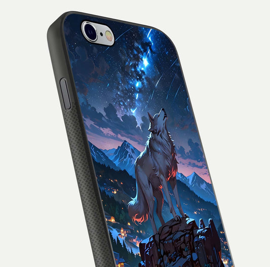 Celestial Wolf Howl Glass Case for iPhone 16 Pro close-up showing wolf silhouette and glowing moon reflection