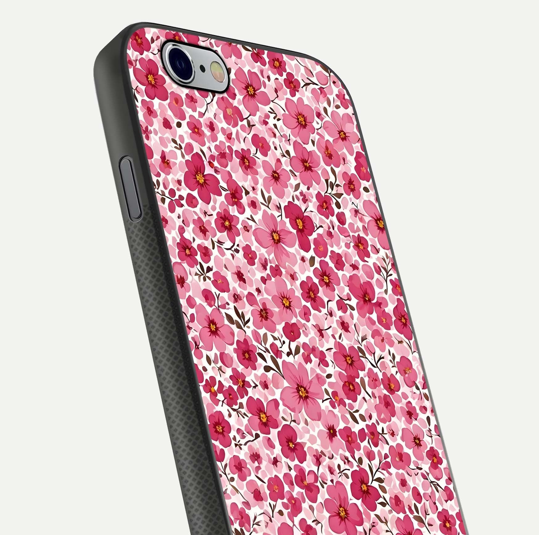 Cherry Blossom Charm Glass Case for iPhone 16 Pro close-up highlighting petal gradient and reflection shine