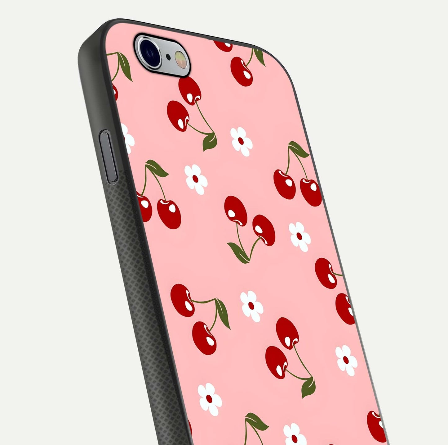Cherry Love Mood Glass Case for iPhone 16 Pro close-up highlighting cherry heart pattern and reflection shine