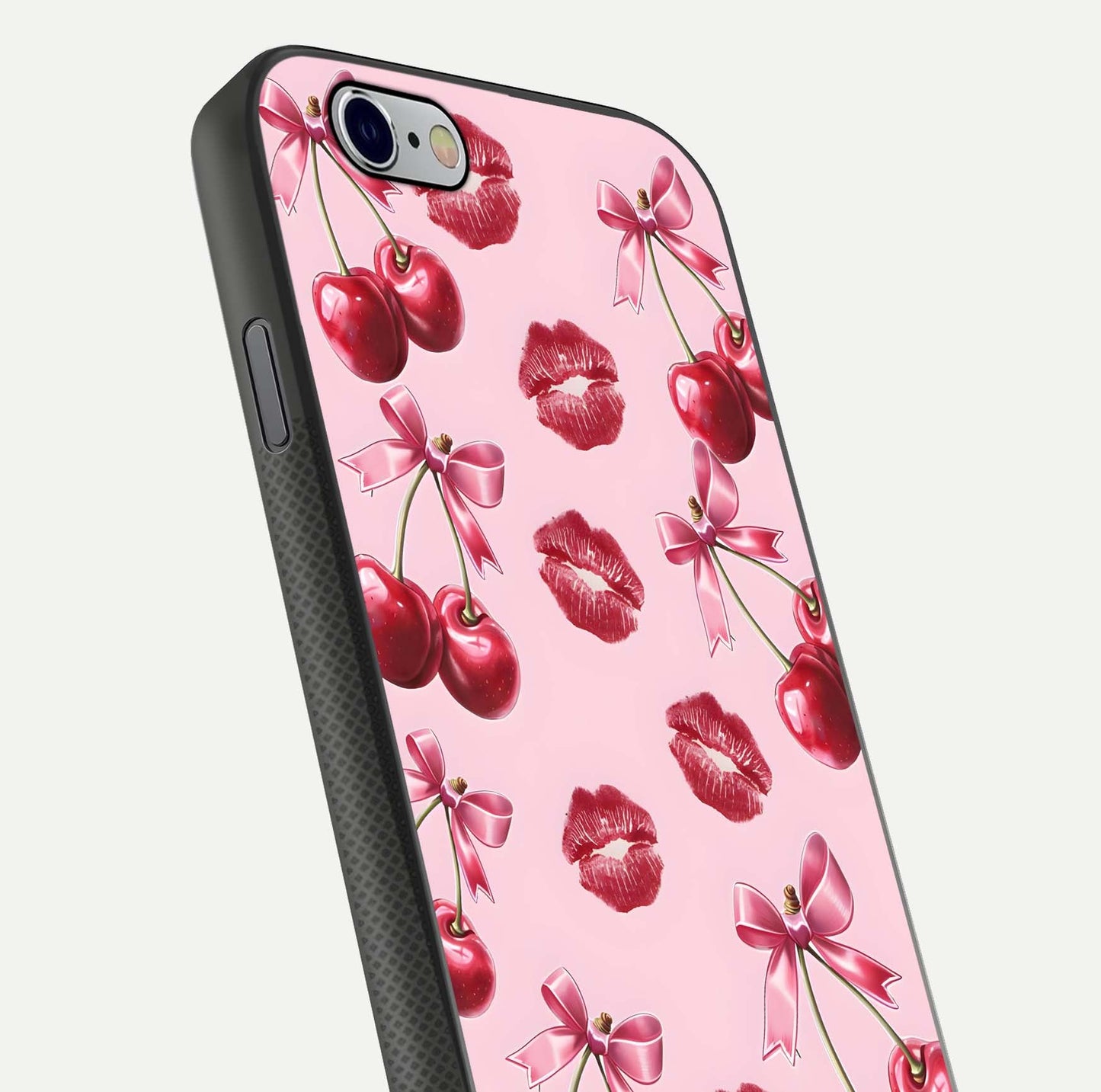 Cherry With Lips Glass Case for iPhone 16 Pro close-up view highlighting lips texture and reflection shine