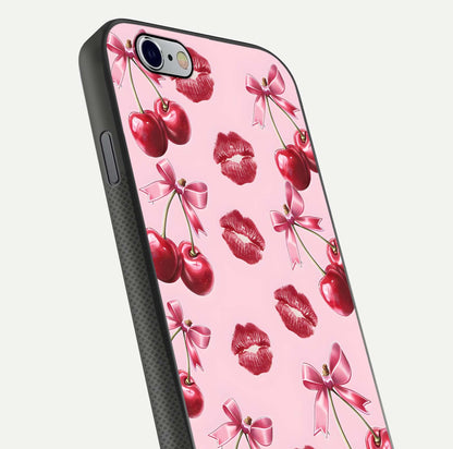Cherry With Lips Glass Case for iPhone 16 Pro close-up view highlighting lips texture and reflection shine