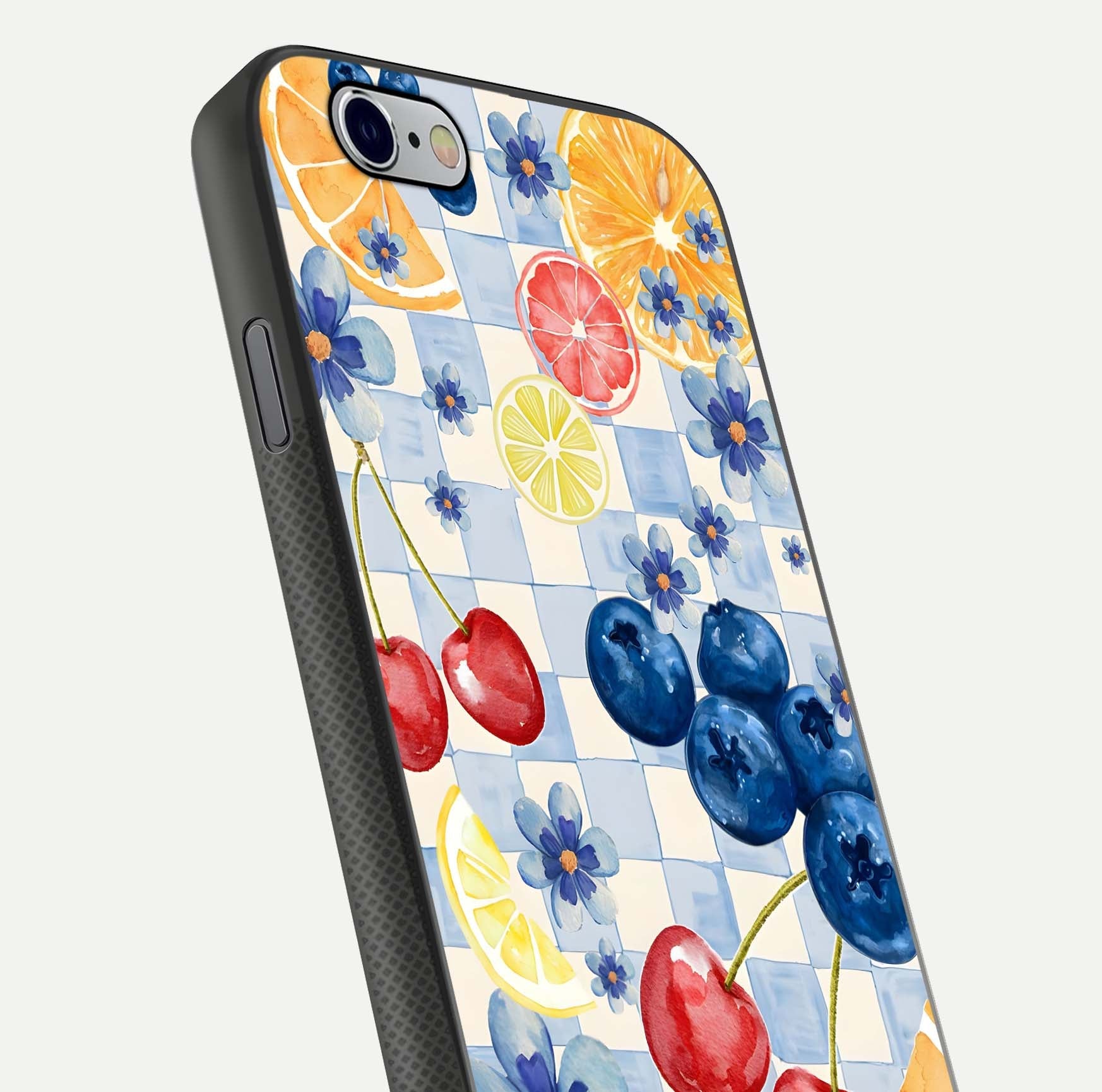Citrus Bloom Joy Glass Case for iPhone 16 Pro close-up highlighting orange blossoms and reflection detail