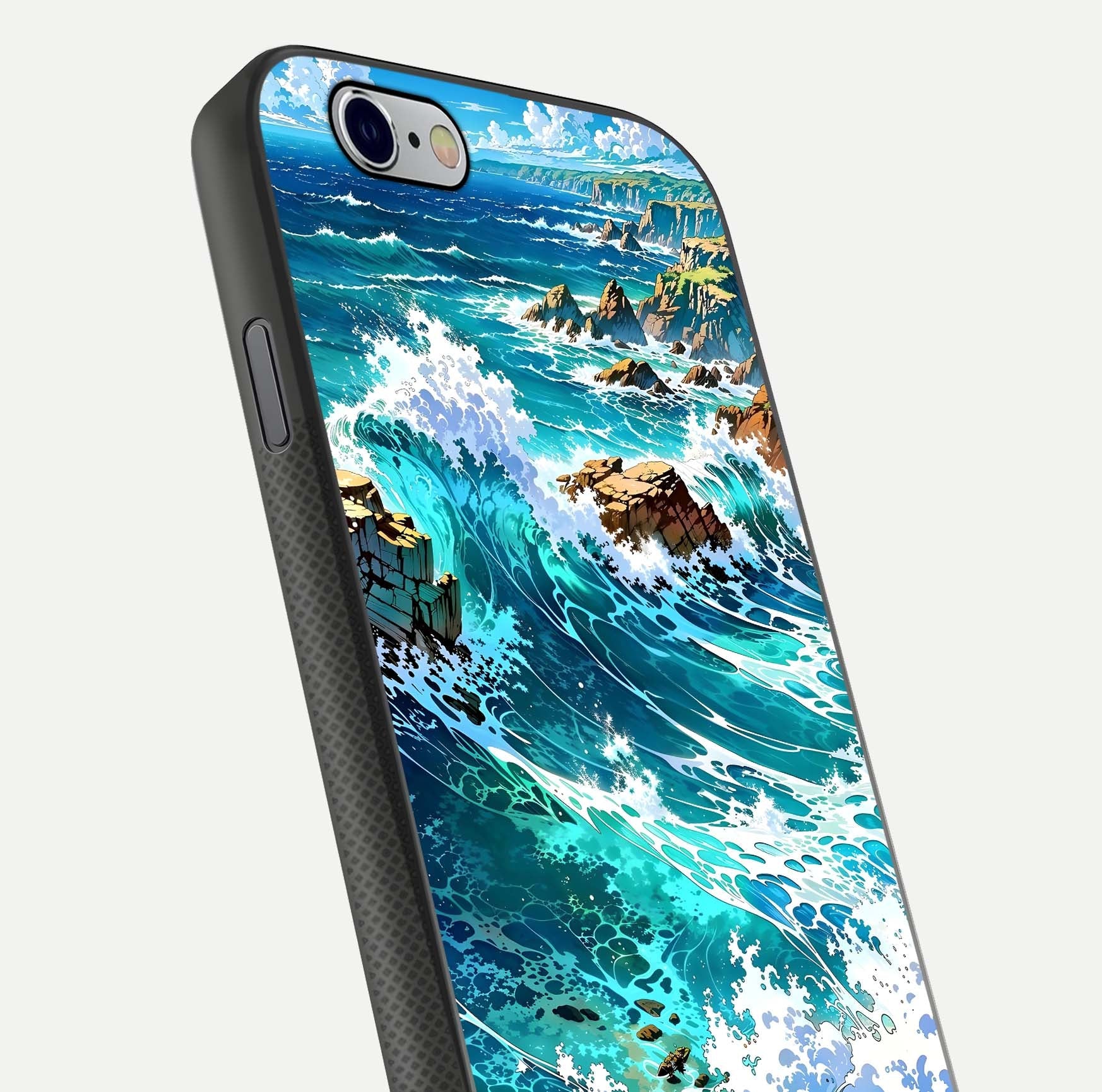 Coastal Blue Waves Glass Case for iPhone 16 Pro close-up highlighting wave texture and blue shine